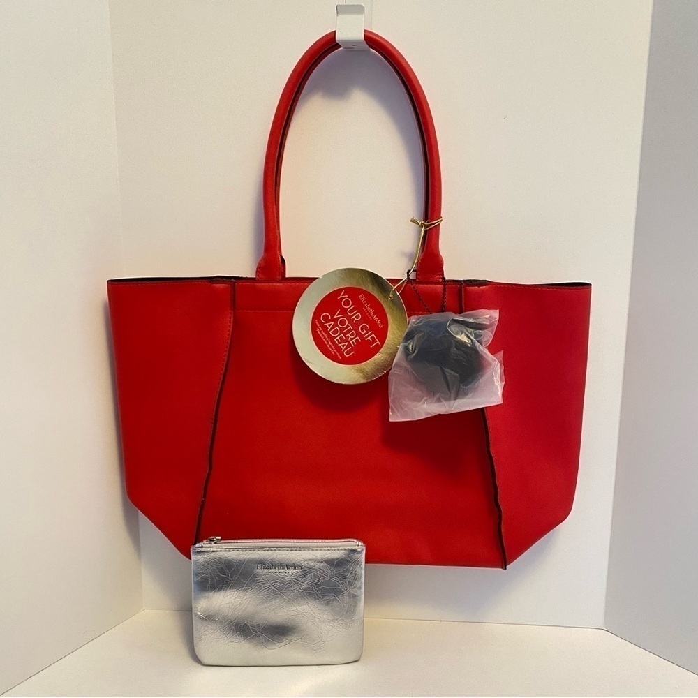 Elizabeth Arden Red Tote Bag/Pom Pom Keychain Tassel & Silver Cosmetic Bag NWT
